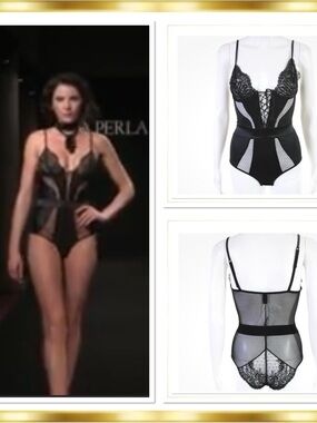 La Perla Soutache Black Paneled Mesh Lace Satin Bodysuit Size 1 Vintage RARE